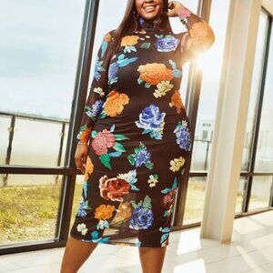 Ashley Stewart Floral Mesh Mock Neck Midi Dress (NWT)